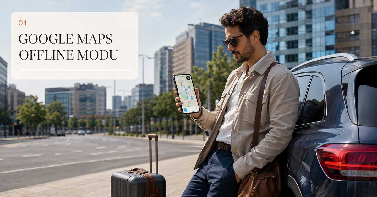 Şehir içinde valiziyle duran gezginin telefonunda çevrim dışı harita kullandığı Google Maps offline modu görseli.