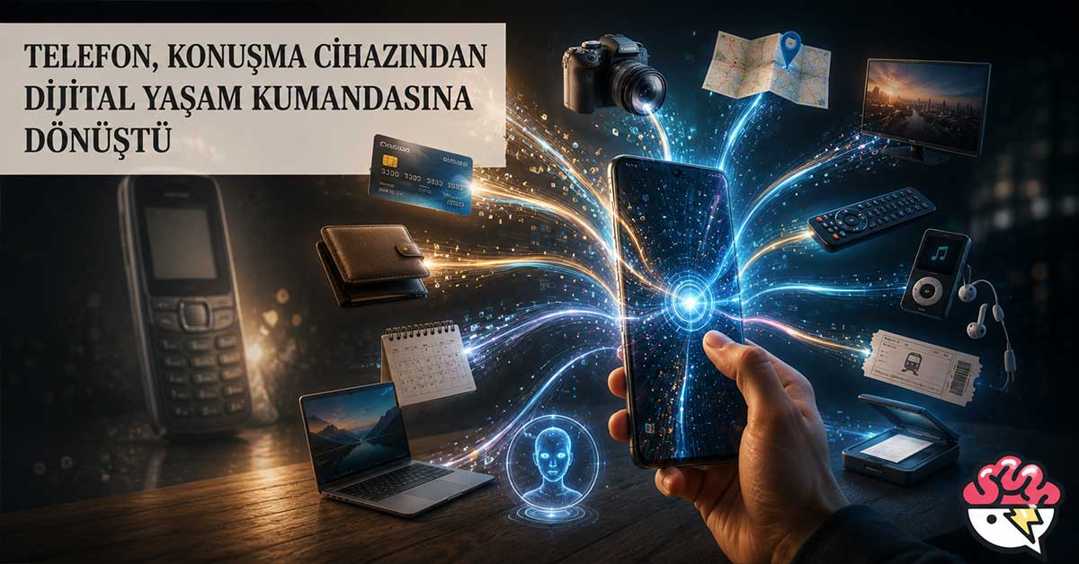 Telefonun konuşma cihazından dijital yaşam merkezine dönüşümünü gösteren görsel.