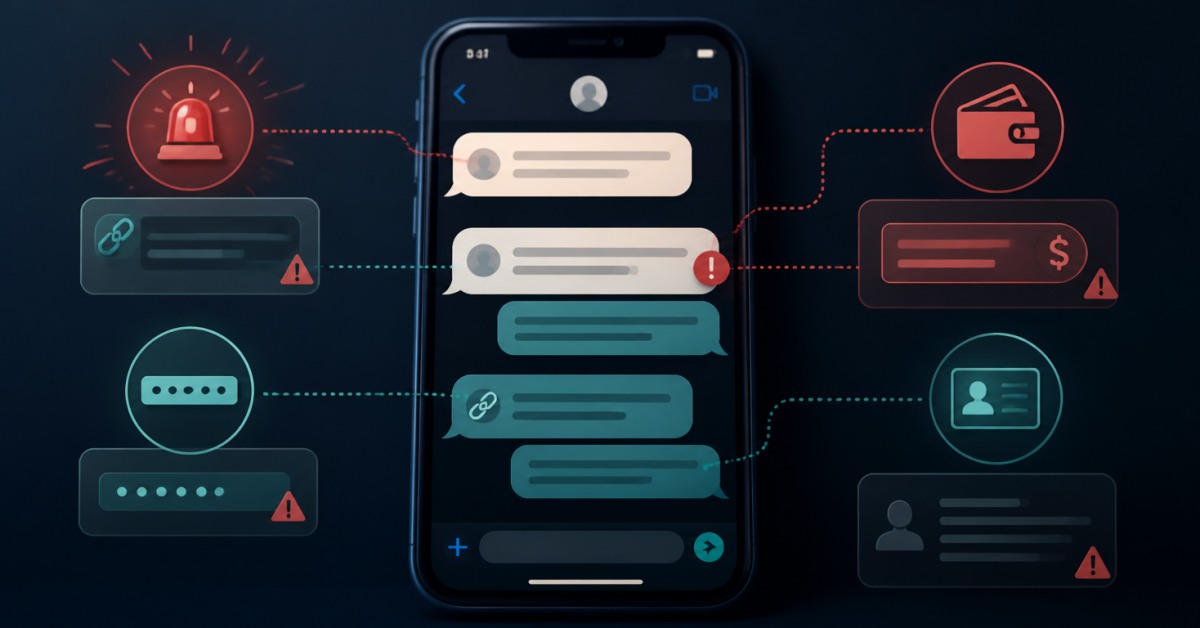 Şüpheli mesajdaki aciliyet, link, ödeme ve bilgi talebi gibi kırmızı bayrakları gösteren telefon ekranı