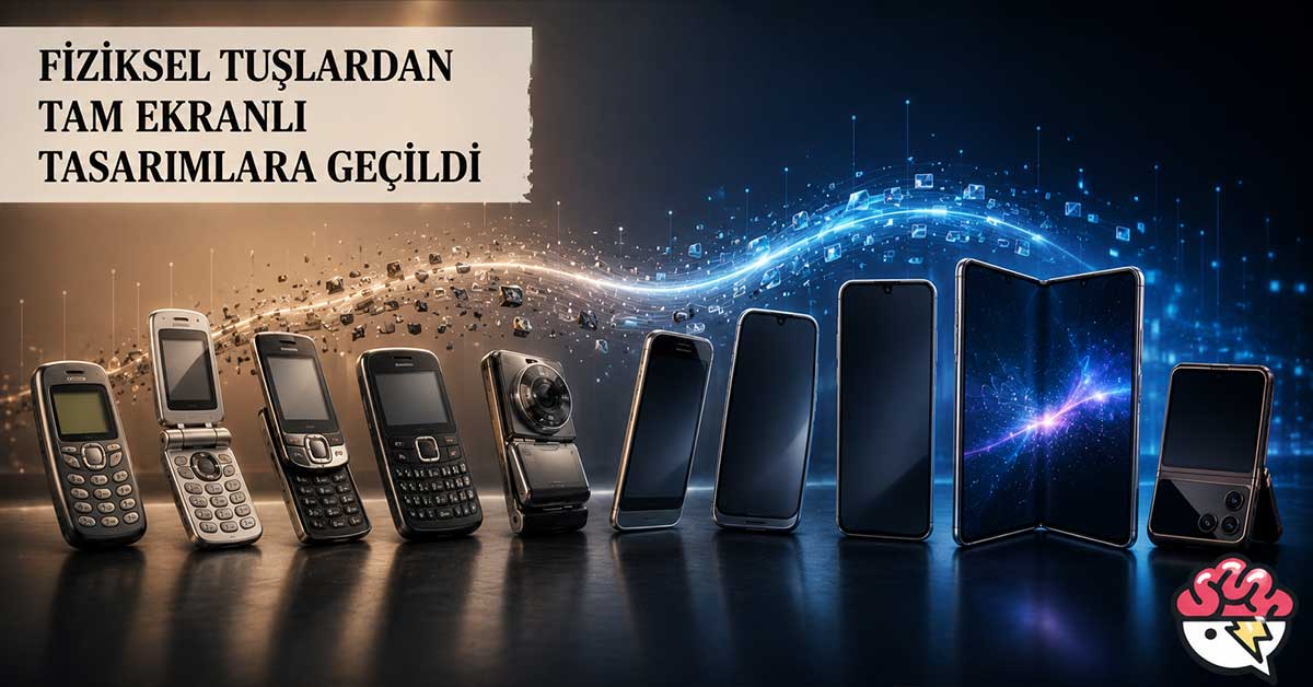 Tuşlu telefonlardan tam ekranlı akıllı telefonlara geçişi gösteren görsel.