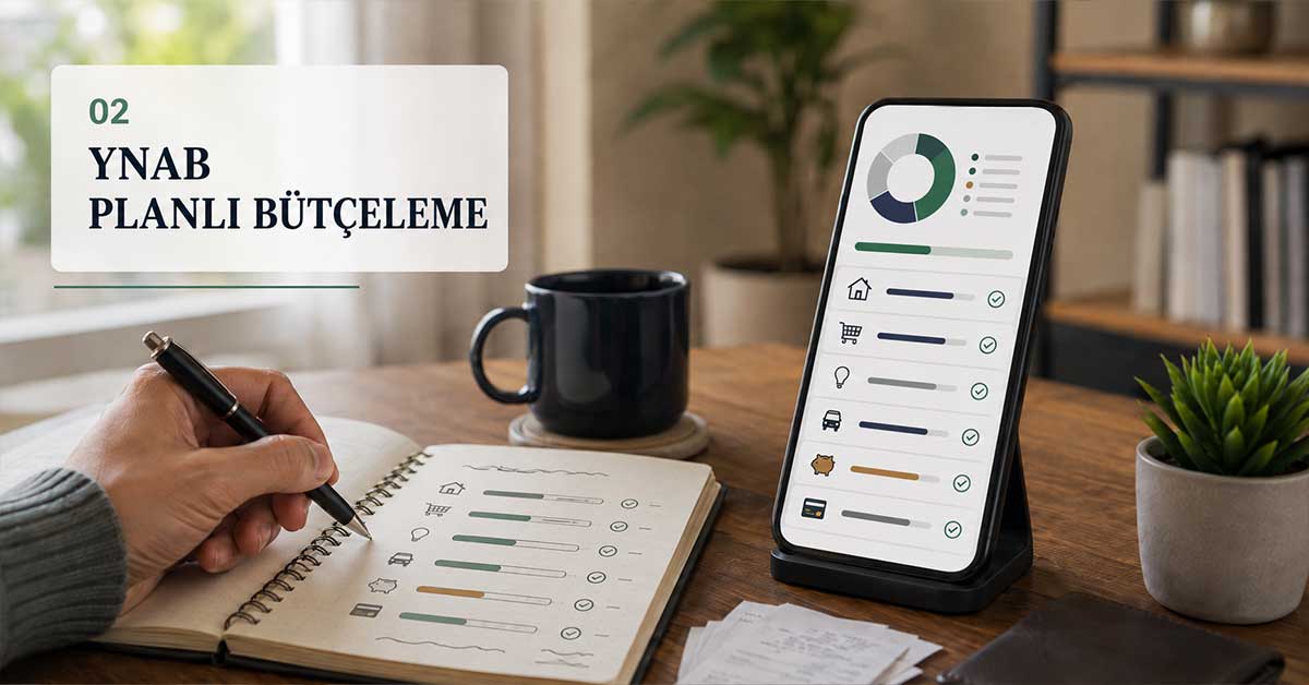 Defter ve telefon ekranında planlı bütçeleme adımlarıyla YNAB uygulamasını temsil eden görsel.