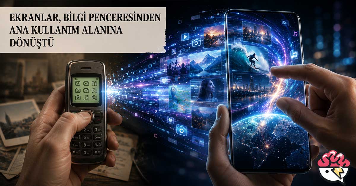 Küçük telefon ekranlarından ana kullanım alanına dönüşen modern ekranları gösteren görsel.