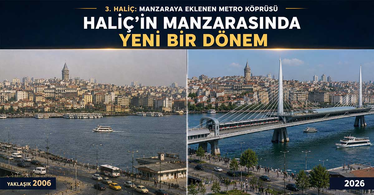 Haliç Metro Geçiş Köprüsü yapılmadan önce ve günümüzde Haliç