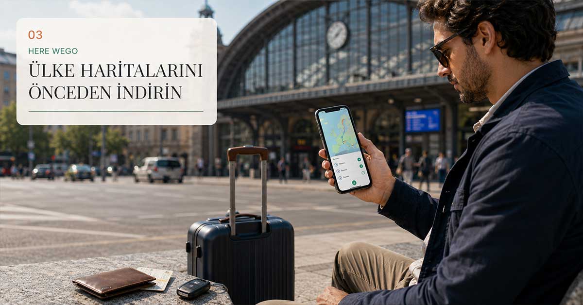 Tren garı önünde telefonunda ülke haritaları indiren gezgin ile HERE WeGo uygulamasını temsil eden görsel.