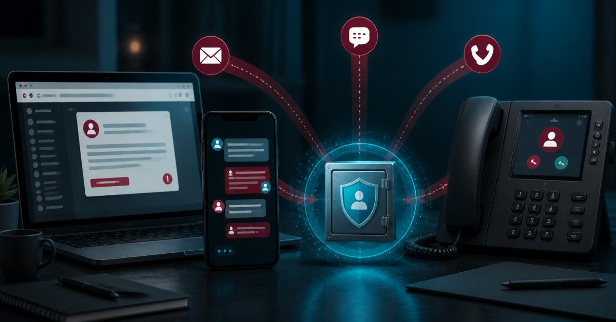 E-posta, SMS ve telefon üzerinden yapılan farklı oltalama yöntemlerini simgeleyen güvenlik görseli