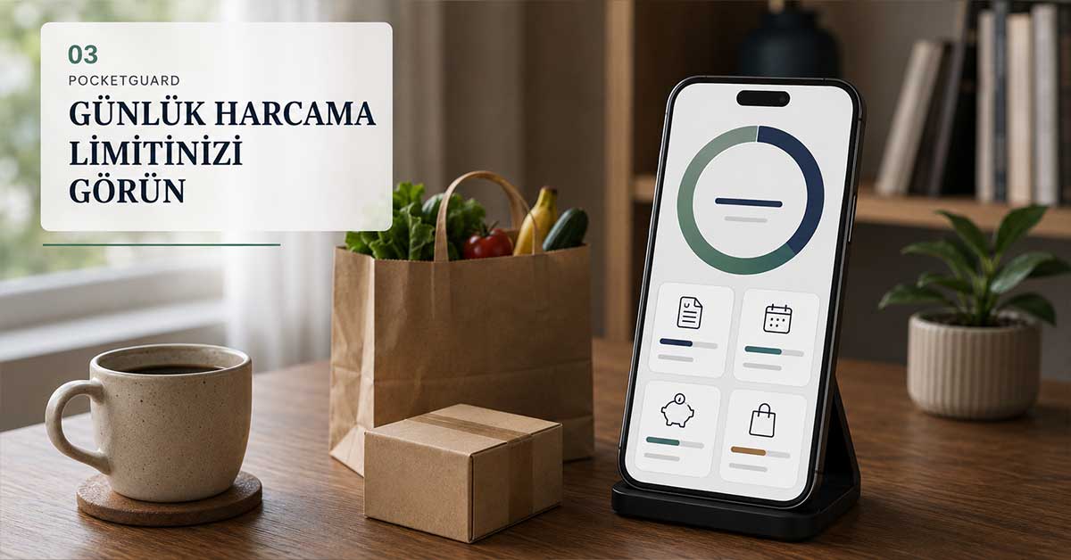 Alışveriş poşeti ve telefon ekranında günlük harcama limiti görünümüyle PocketGuard uygulamasını temsil eden görsel.
