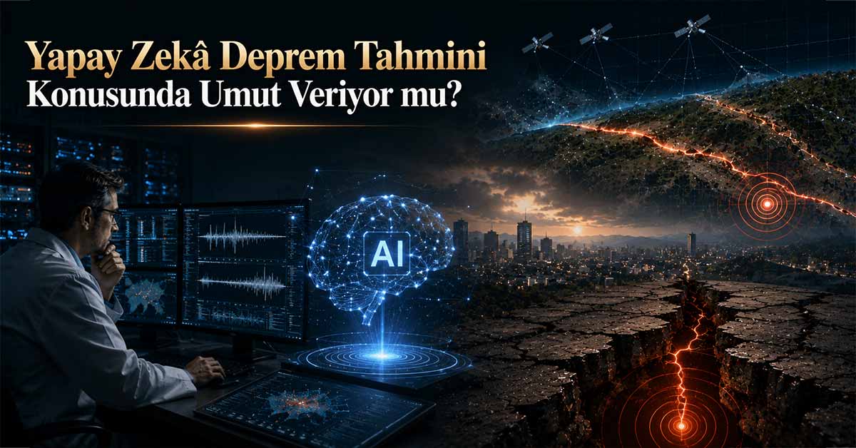 Yapay zekâ destekli deprem analizi, sismik kayıtlar, uydu verileri ve fay hattı modeli.