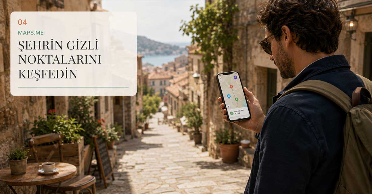 Tarihi bir şehir sokağında telefonundan gizli noktaları keşfeden gezgin ile MAPS.ME uygulamasını temsil eden görsel.