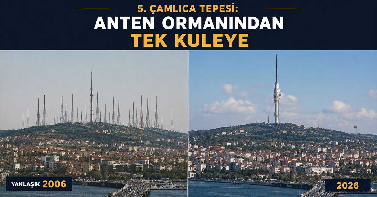 Çamlıca Tepesi’nin eski antenleri ve yeni Çamlıca Kulesi
