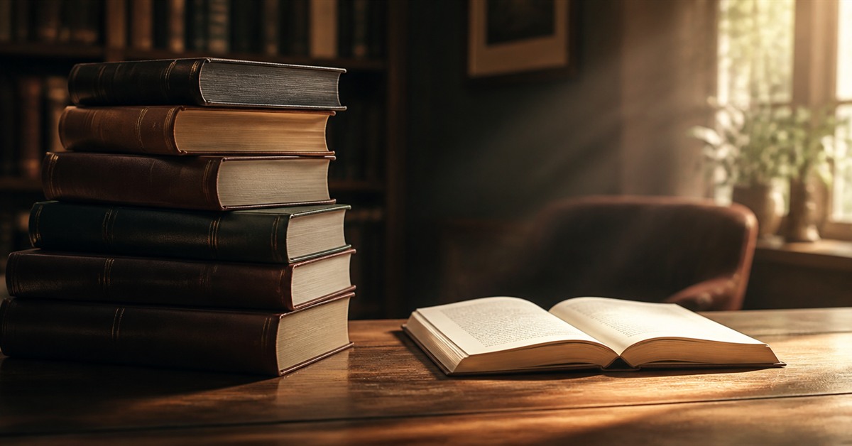 Bir tarafta gölgede duran kalın kitaplar, diğer tarafta doğal ışıkta duran ince ve davetkâr bir kitap