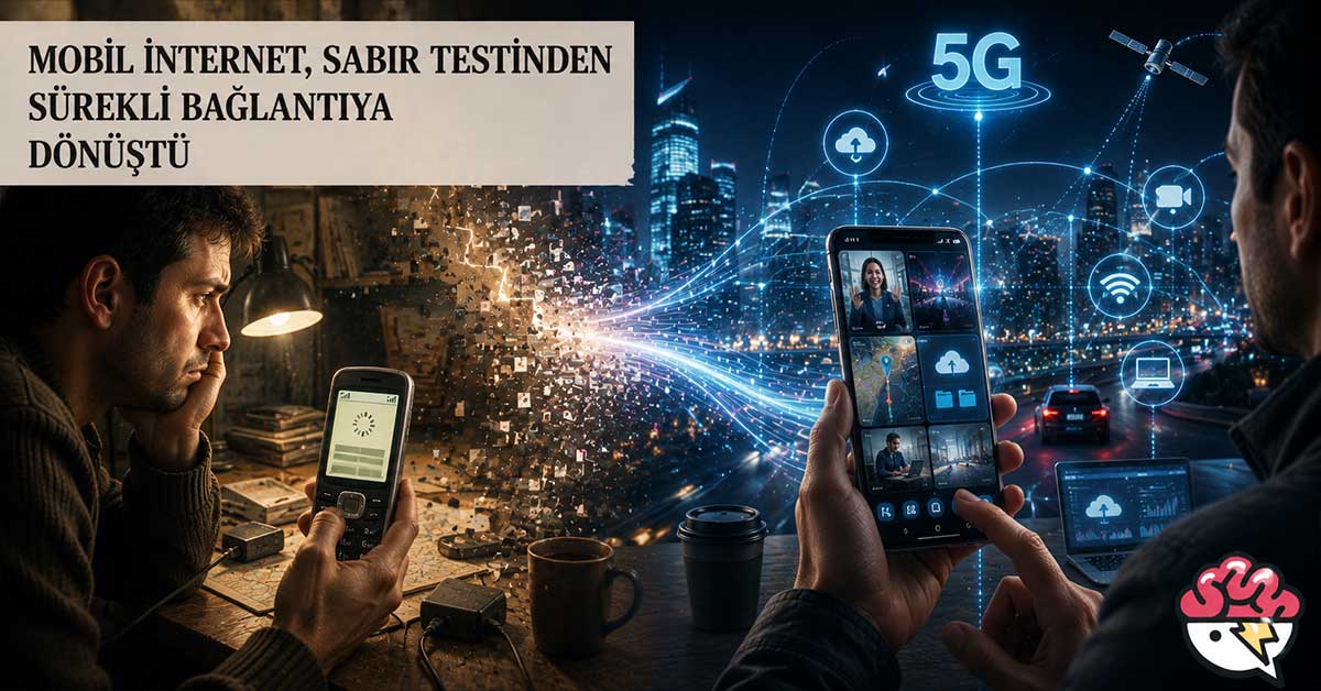 Yavaş mobil internetten 5G bağlantılı telefon deneyimine geçişi gösteren görsel.