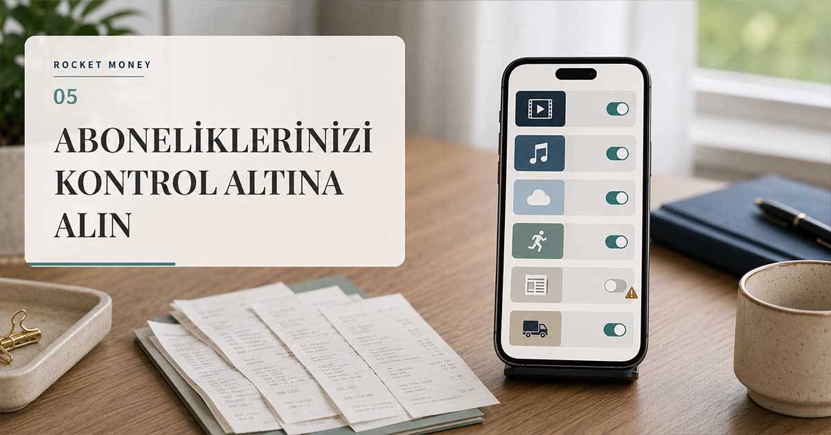 Telefon ekranında açılıp kapanan abonelik anahtarları ve masada fişlerle Rocket Money uygulamasını temsil eden görsel.