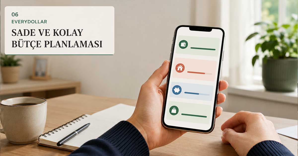 Telefon ekranında sade bütçe kategorileriyle EveryDollar uygulamasını temsil eden görsel.