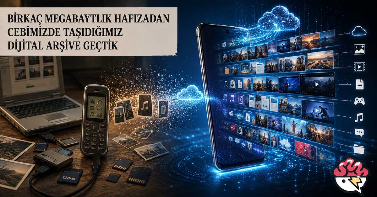 Düşük depolama kapasitesinden bulut ve geniş dijital arşivlere geçişi gösteren görsel.