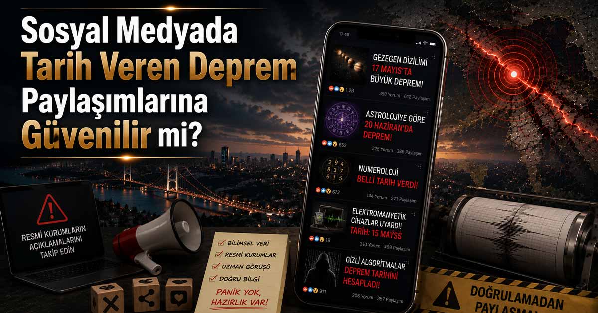 Sosyal medyada astroloji, numeroloji ve doğrulanmamış deprem tarihi paylaşımlarını gösteren telefon ekranı.