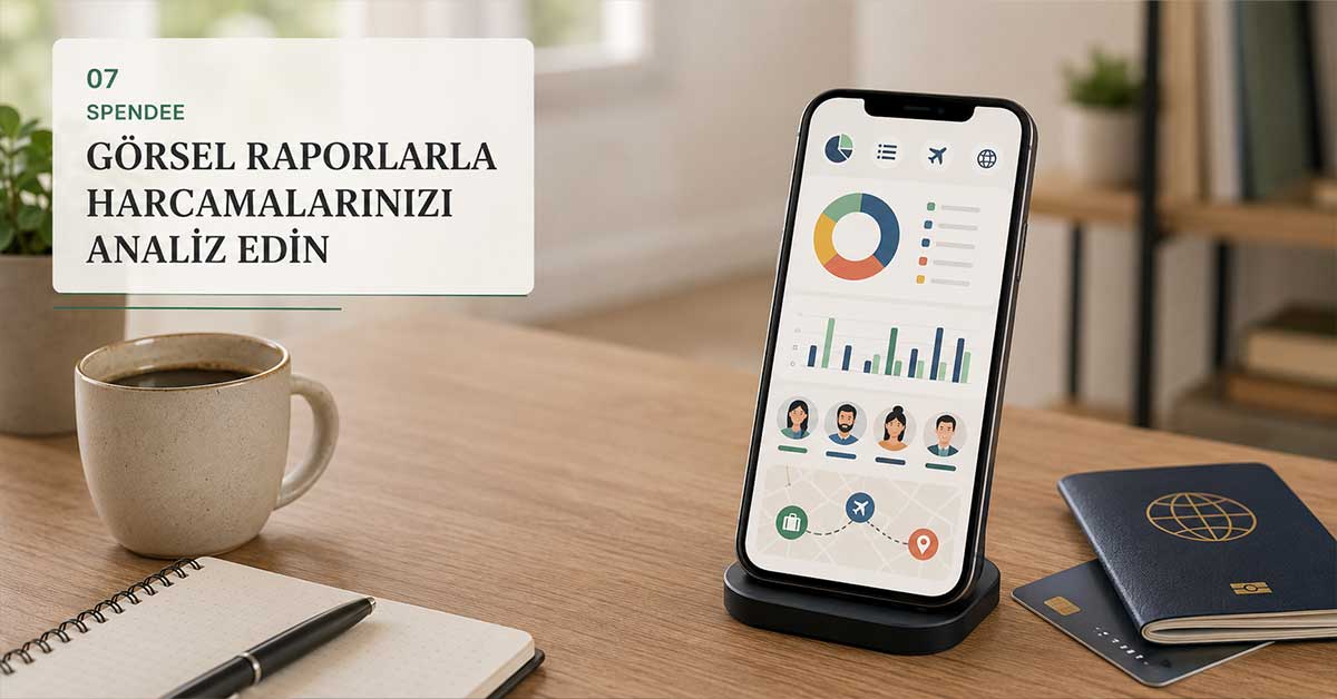 Telefon ekranında grafikler ve harcama analizi ekranıyla Spendee uygulamasını temsil eden görsel.