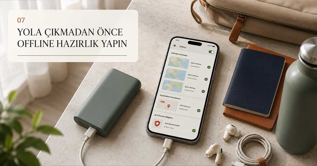 Telefon, powerbank ve not defteriyle seyahatten önce çevrim dışı hazırlık yapmayı anlatan görsel.