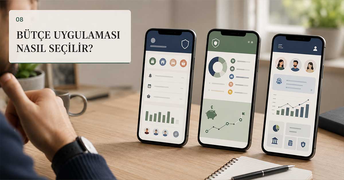 Farklı ekran tasarımlarına sahip üç telefon ile bütçe uygulaması seçimini anlatan görsel.