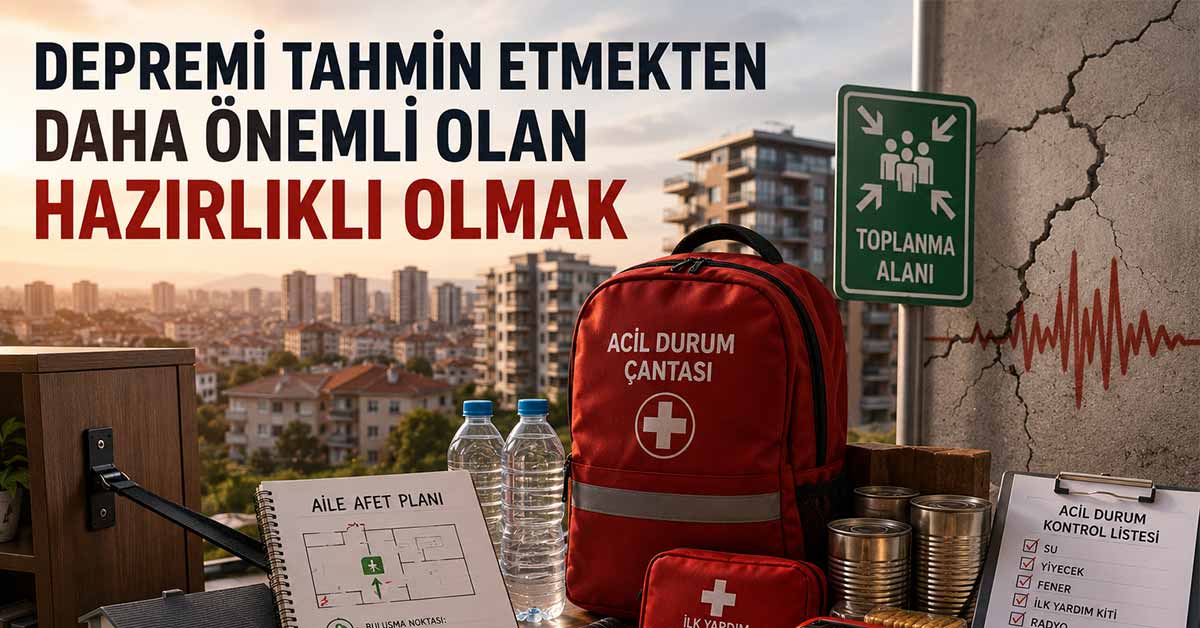 Acil durum çantası, su, aile afet planı ve toplanma alanı tabelasıyla deprem hazırlığı.