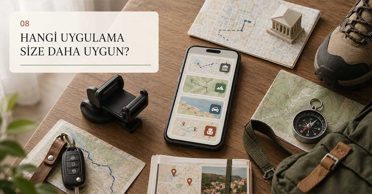 Harita ekipmanları ve telefon ekranındaki uygulama seçenekleriyle hangi seyahat uygulamasının daha uygun olduğunu anlatan görsel.