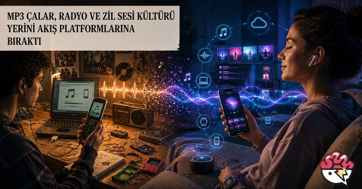 MP3 ve radyo döneminden akış platformlarına geçişi gösteren görsel.