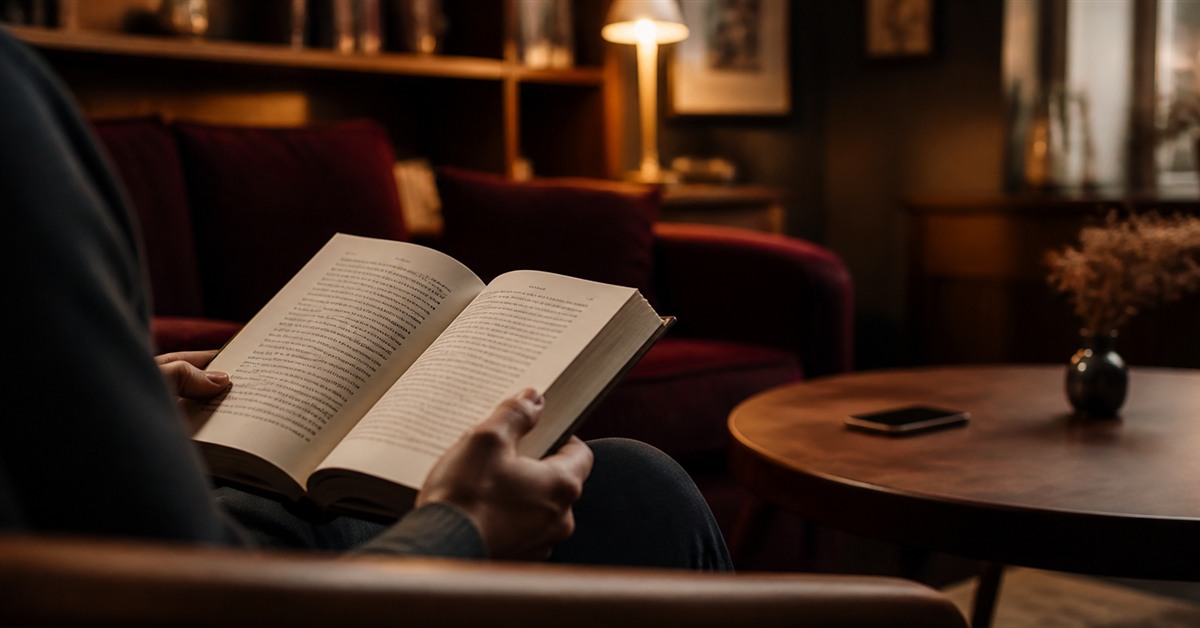 Ön planda bir okuyucunun elindeki açık kitap, arka planda bulanık şekilde uzakta bırakılmış telefon