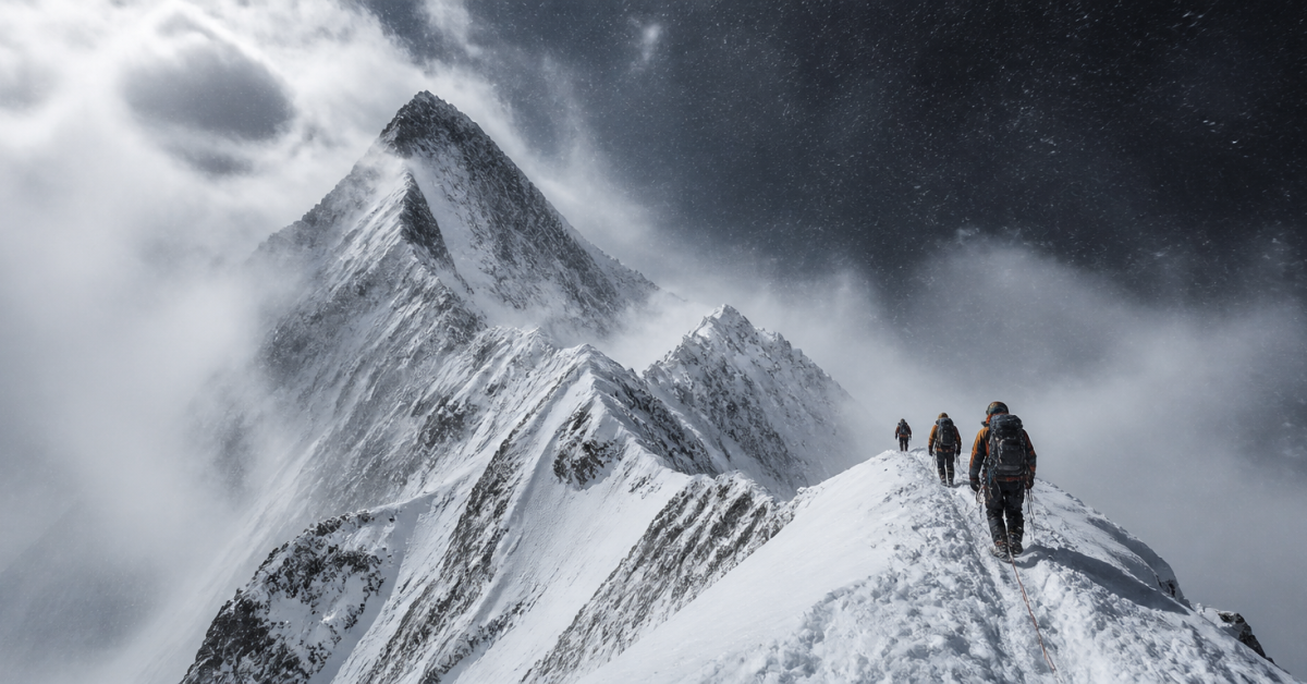 Into Thin Air kitabını simgeleyen fırtınalı Everest sırtında ilerleyen dağcılar