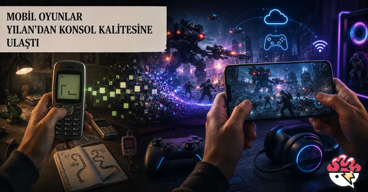 Yılan oyunundan modern mobil oyun deneyimine geçişi gösteren görsel.