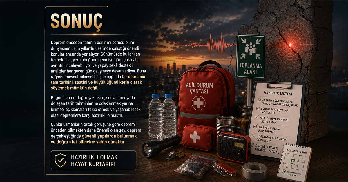 Deprem hazırlık çantası, su, radyo, ilk yardım malzemeleri ve aile afet planı.