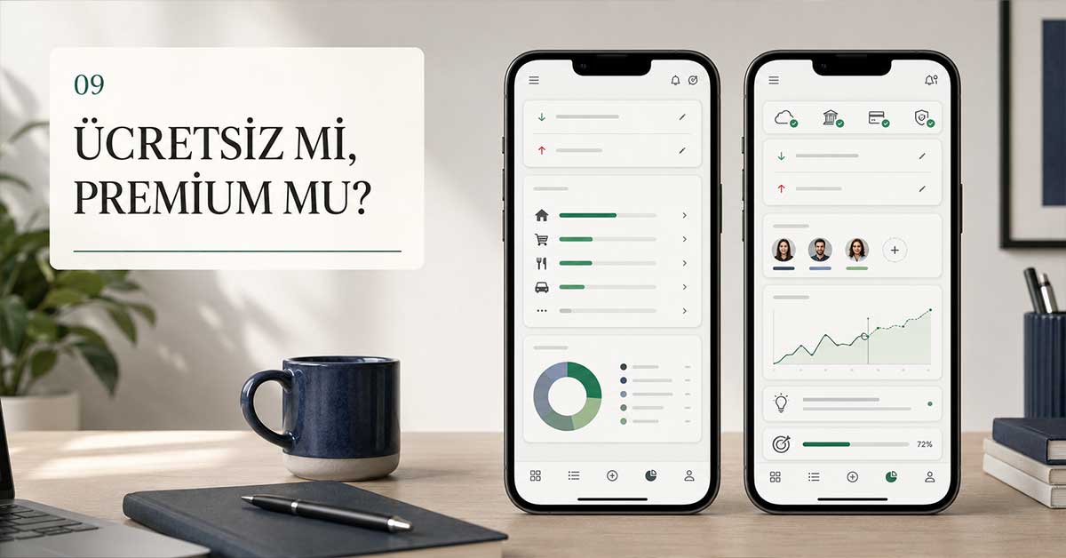 İki telefon ekranında ücretsiz ve premium bütçe uygulaması özelliklerinin karşılaştırıldığı görsel.