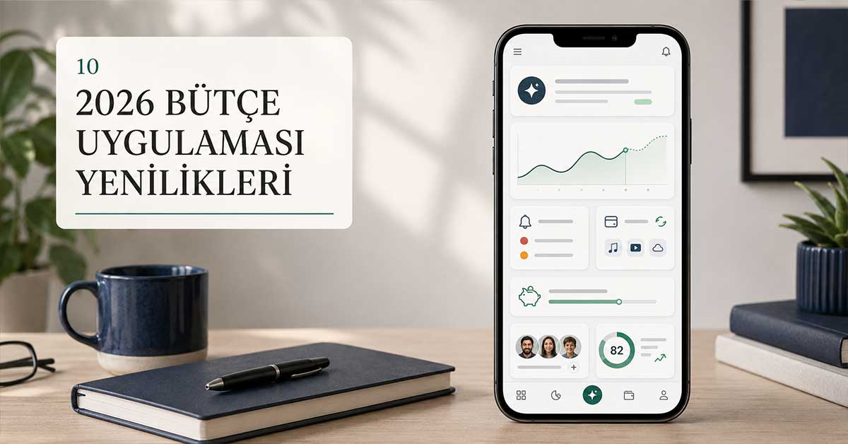 Telefon ekranında gelişmiş bütçe paneli ve 2026 yeniliklerini anlatan görsel.