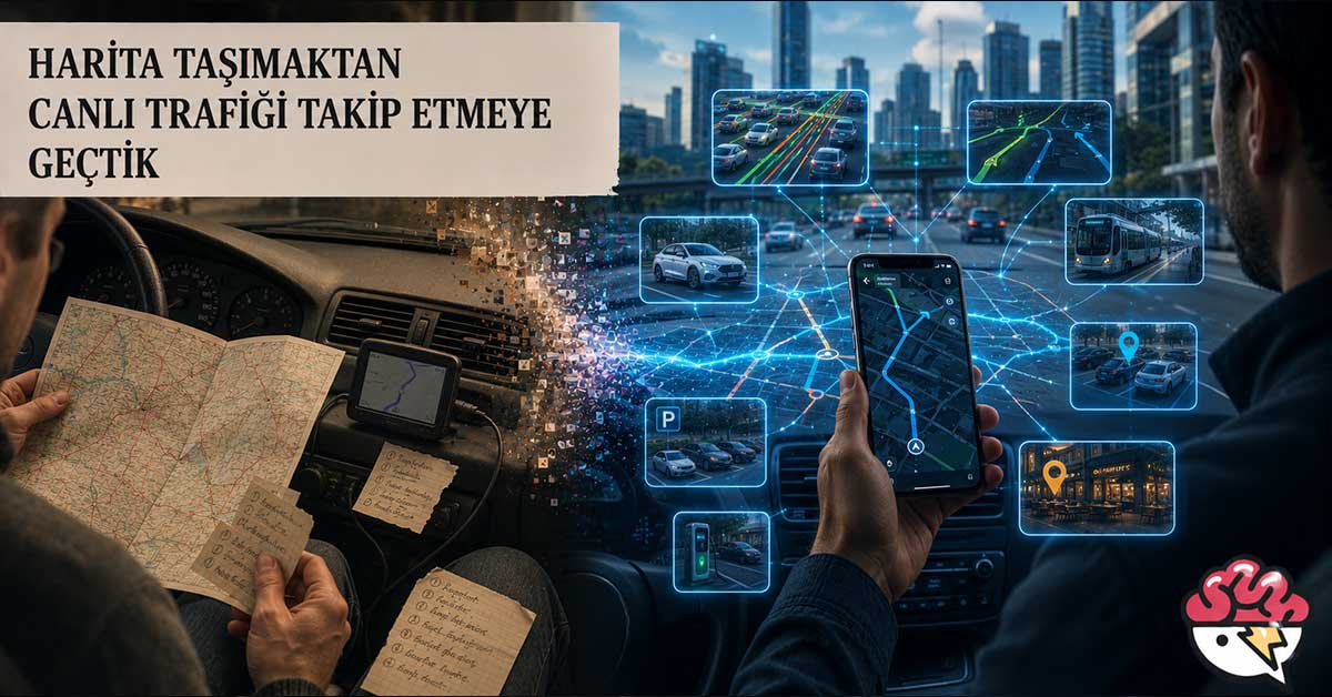Kağıt haritalardan canlı navigasyona geçişi gösteren görsel.