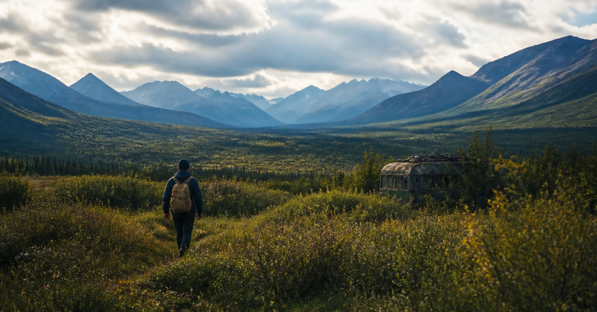 Into the Wild kitabını temsil eden Alaska vahşi doğasında yalnız gezgin ve terk edilmiş araç