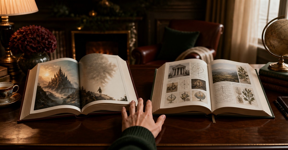 Ahşap bir masada yan yana duran iki farklı kitap arasında seçim yapan bir el