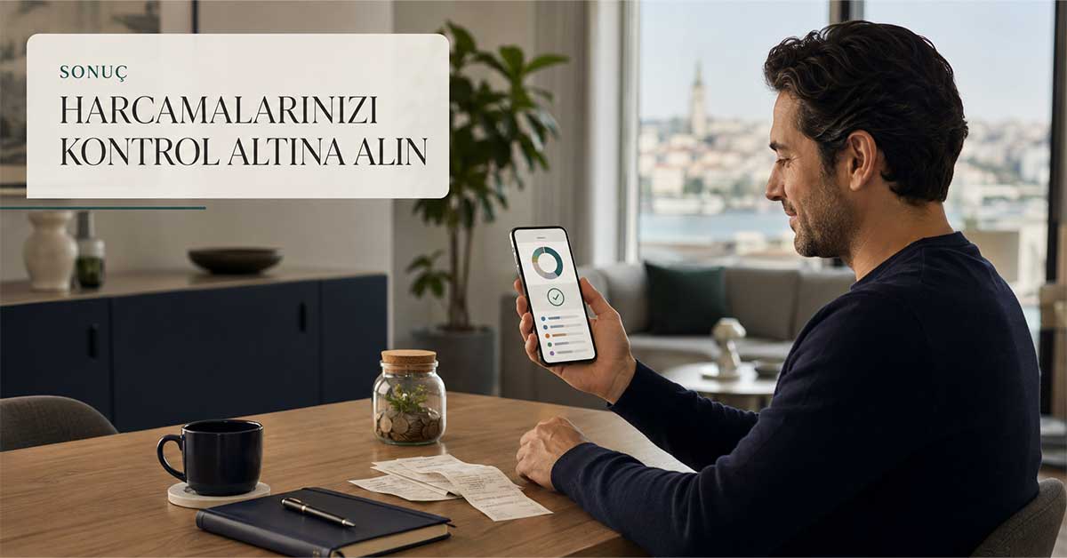Telefonunda bütçe uygulamasına bakan kişi ve masadaki fişlerle harcama kontrolünü anlatan sonuç görseli.