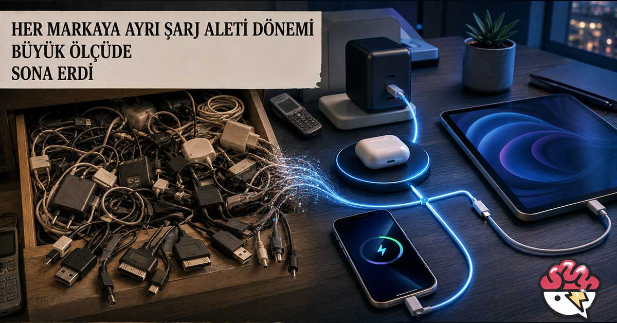 Farklı şarj aletlerinden ortak şarj standartlarına geçişi gösteren görsel.