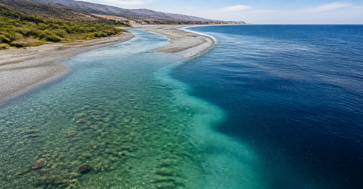 Mineral içeren tatlı su nehrinin daha tuzlu okyanusa karışmasını gösteren kıyı sahnesi