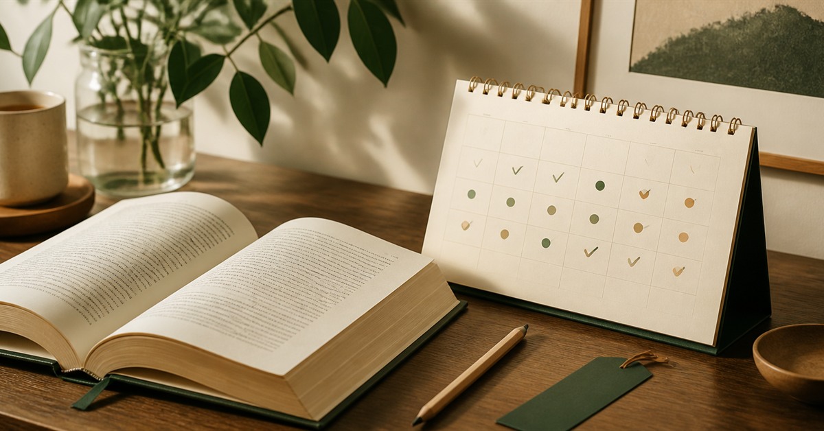 Açık bir kitabın yanında, günleri basit noktalarla işaretlenmiş minimalist bir takvim