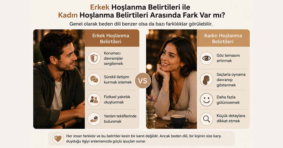 Erkek hoşlanma belirtileri ile kadın hoşlanma belirtilerini karşılaştıran görsel.