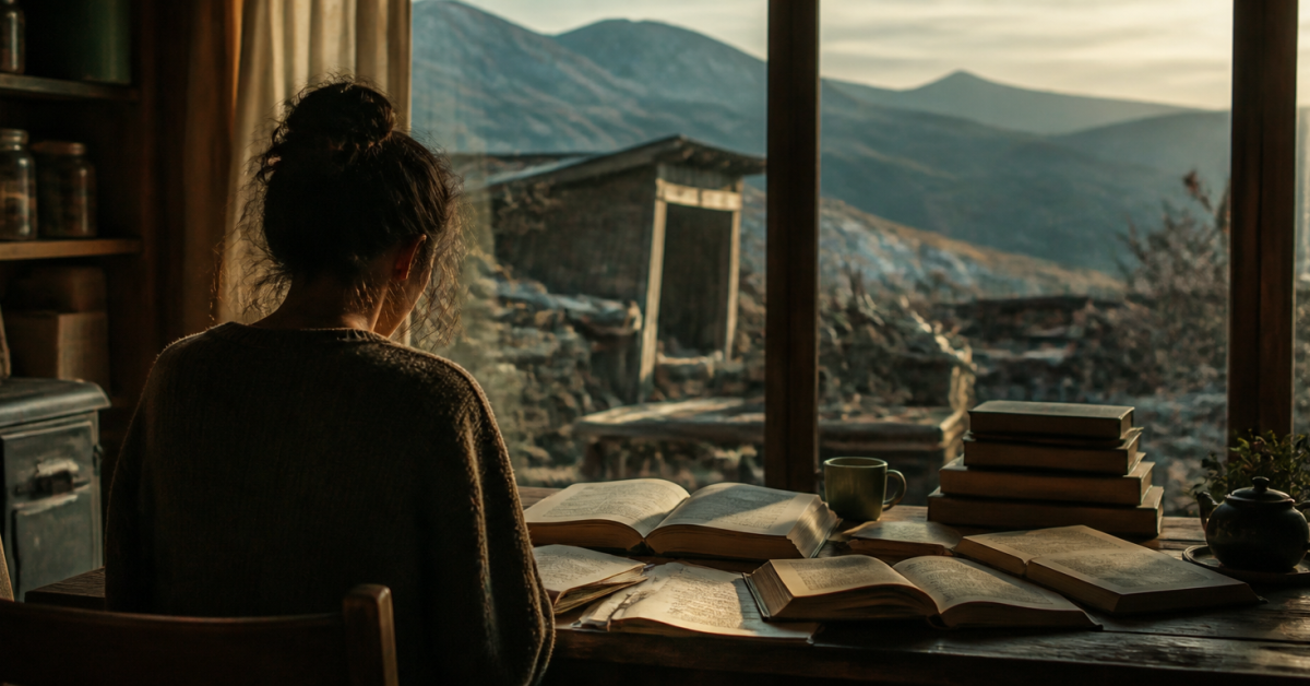 Educated kitabını temsil eden kırsal dağ evinde kitaplarla yeni bir dünya kuran genç kadın