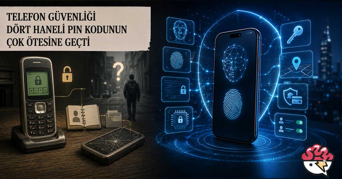 PIN kodundan biyometrik telefon güvenliğine geçişi gösteren görsel.