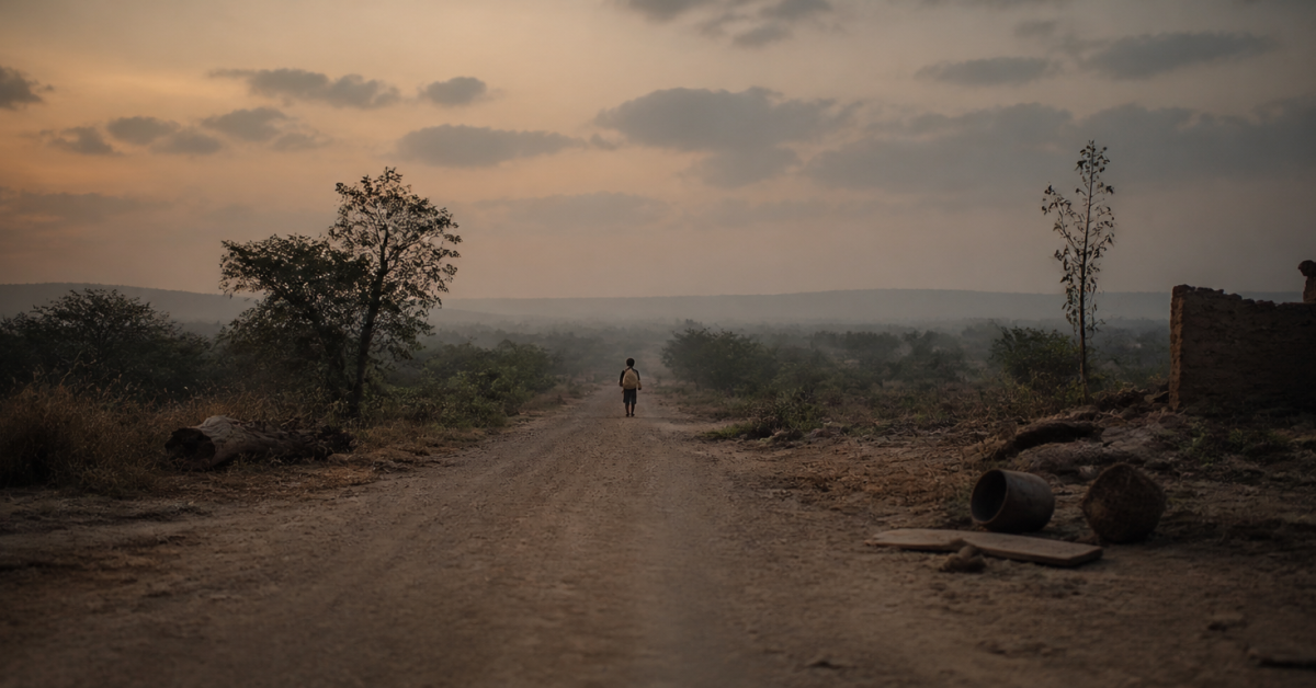 A Long Way Gone kitabını simgeleyen savaşın gölgesindeki tozlu yolda yürüyen genç silüeti
