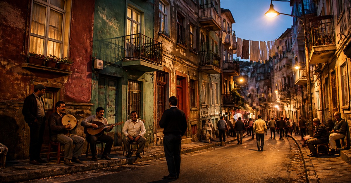 Eski İstanbul'un kalabalık bir arka sokağında çamaşırlar, sokak müzisyenleri ve mahalle sakinleriyle sıcak akşam ışığı