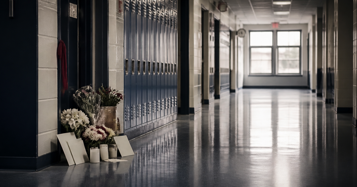 Columbine kitabını simgeleyen boş okul koridoru ve sessiz anma köşesi