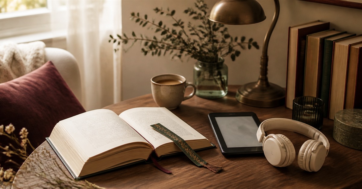 Fiziksel bir kitap, boş ekranlı bir e-okuyucu ve kulaklıktan oluşan, farklı okuma yöntemlerini gösteren düzenleme