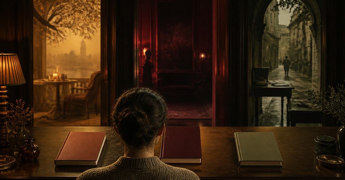 Bir okuyucunun önünde romantik, psikolojik ve tarihsel atmosferleri simgeleyen üç farklı markasız kitap