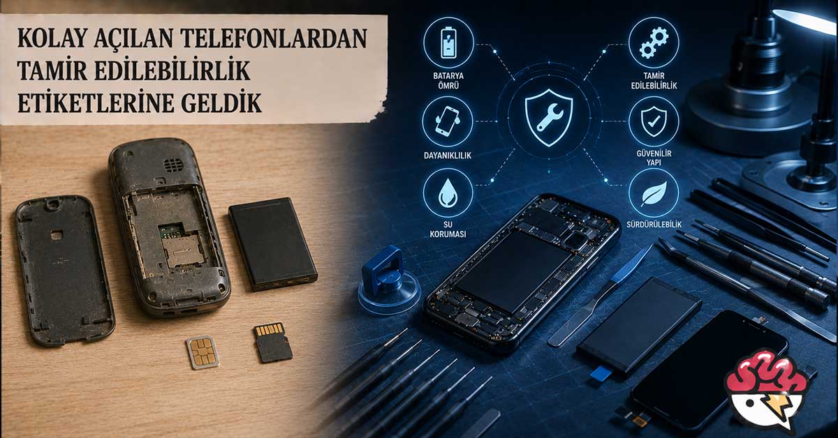 Kolay açılan telefonlardan modern tamir edilebilirlik yaklaşımına geçişi gösteren görsel.