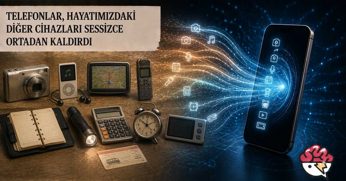 Telefonların birçok ayrı cihazın yerini almasını gösteren görsel.