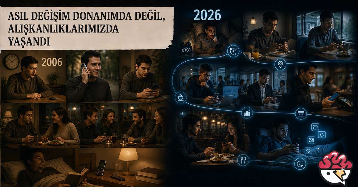 Telefon kullanım alışkanlıklarının 2006 ve 2026 arasında nasıl değiştiğini gösteren görsel.