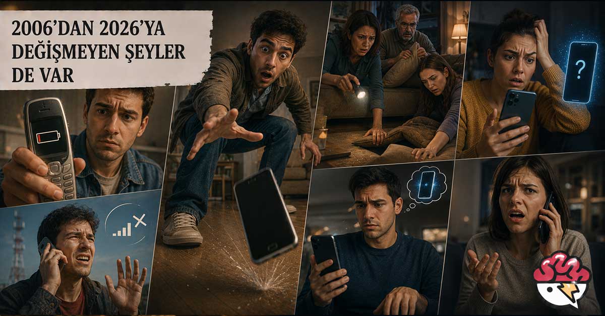 Telefonların değişen teknolojisine rağmen kalan ortak sorunları anlatan görsel.